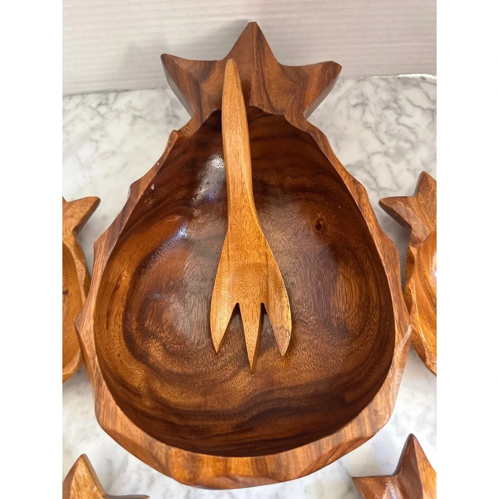 Vintage Pineapple Wood Salad Bowl Set 6pc Mid Century Tropical Tiki Philippines
